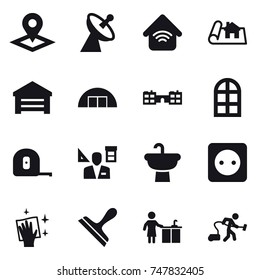 16 vector icon set : pointer, satellite antenna, wireless home, project, garage, hangare, school, arch window, measuring tape, architector, power socket, wiping, scraper, kitchen cleaning