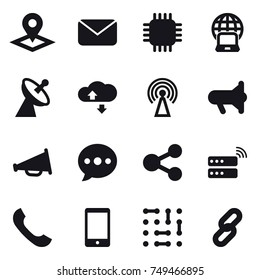 16 vector icon set : pointer, mail, chip, notebook globe, satellite antenna, cloude service, antenna, megafon, loudspeaker, ballon