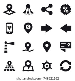 16 vector icon set : pointer, share, percent, phone wireless, dollar pin, right arrow, left arrow, lighthouse, map, handwheel, reload