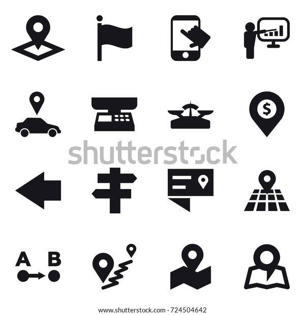 16 vector icon set : pointer, flag, touch,
presentation, car pointer, market scales, scales, dollar pin, left
arrow, singlepost, map