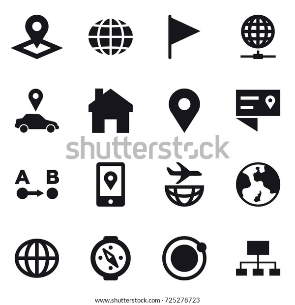 16 vector icon set :\
pointer, globe, flag, globe connect, car pointer, home, earth,\
compass, hierarchy