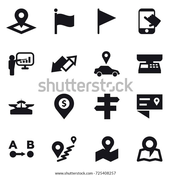 16 vector icon set : pointer, flag, touch,
presentation, up down arrow, car pointer, market scales, scales,
dollar pin, singlepost, map