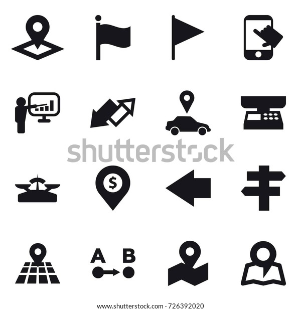 16 vector icon set : pointer, flag,\
touch, presentation, up down arrow, car pointer, market scales,\
scales, dollar pin, left arrow, singlepost,\
map