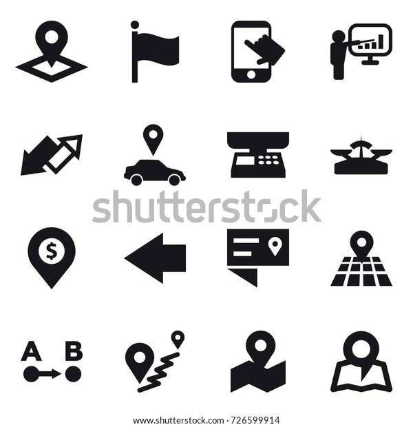 16 vector icon set : pointer, flag, touch,\
presentation, up down arrow, car pointer, market scales, scales,\
dollar pin, left arrow, map