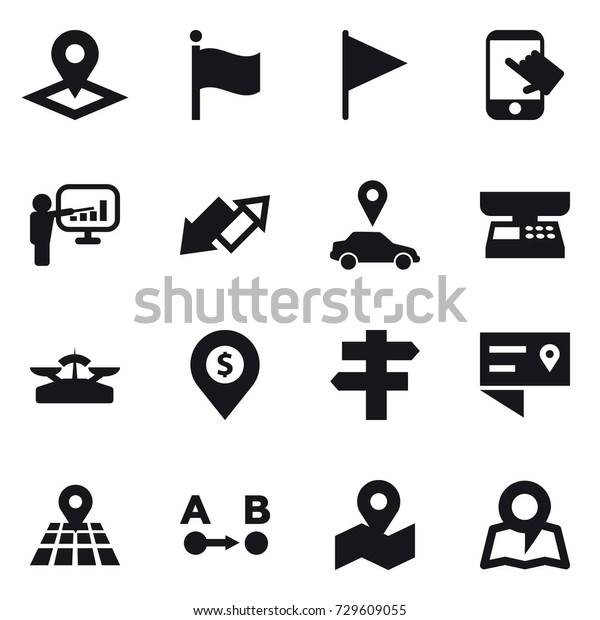 16 vector icon set : pointer, flag, touch,\
presentation, up down arrow, car pointer, market scales, scales,\
dollar pin, singlepost, map