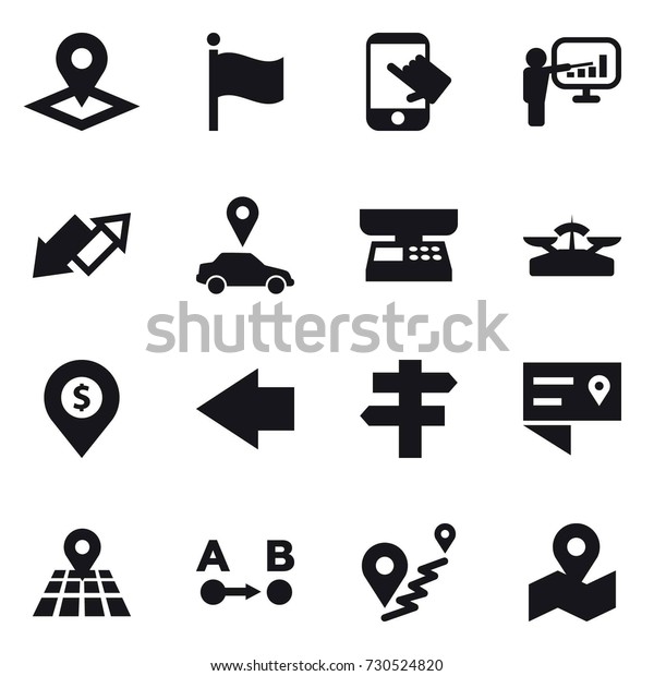 16 vector icon set : pointer, flag, touch,\
presentation, up down arrow, car pointer, market scales, scales,\
dollar pin, left arrow,\
singlepost