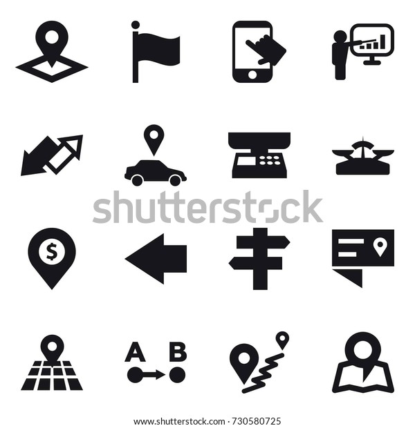 16 vector icon set : pointer, flag,
touch, presentation, up down arrow, car pointer, market scales,
scales, dollar pin, left arrow, singlepost,
map