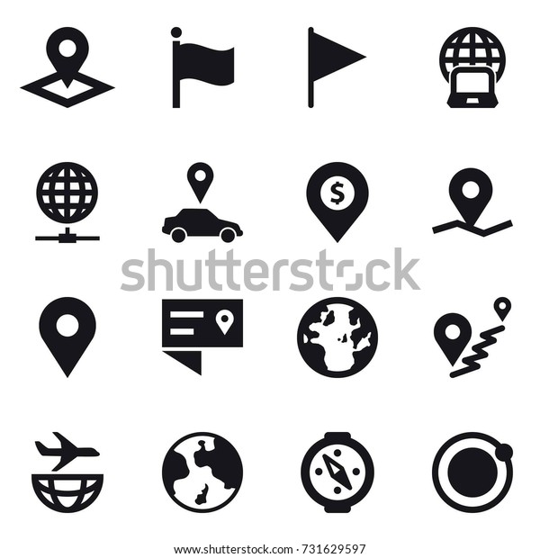 16 vector icon set :
pointer, flag, notebook globe, globe connect, car pointer, dollar
pin, earth, compass