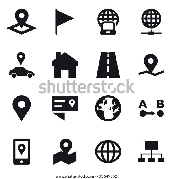 16 vector icon set :\
pointer, flag, notebook globe, globe connect, car pointer, home,\
globe, hierarchy