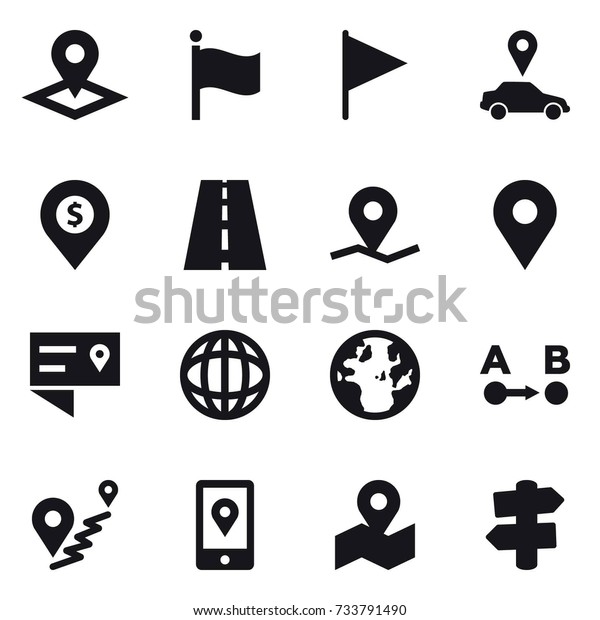 16 vector icon set : pointer, flag, car pointer,\
dollar pin, signpost