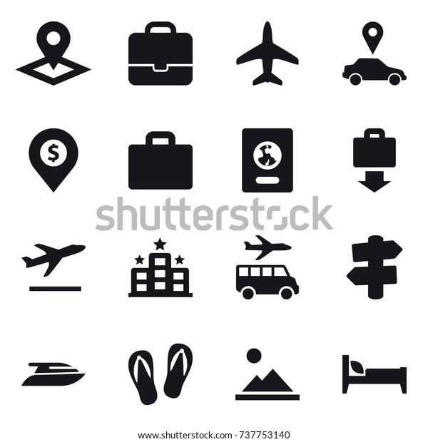 16
vector icon set : pointer, portfolio, plane, car pointer, dollar
pin, suitcase iocn, passport, baggage get, departure, hotel,
transfer, signpost, yacht, flip-flops, landscape,
bed