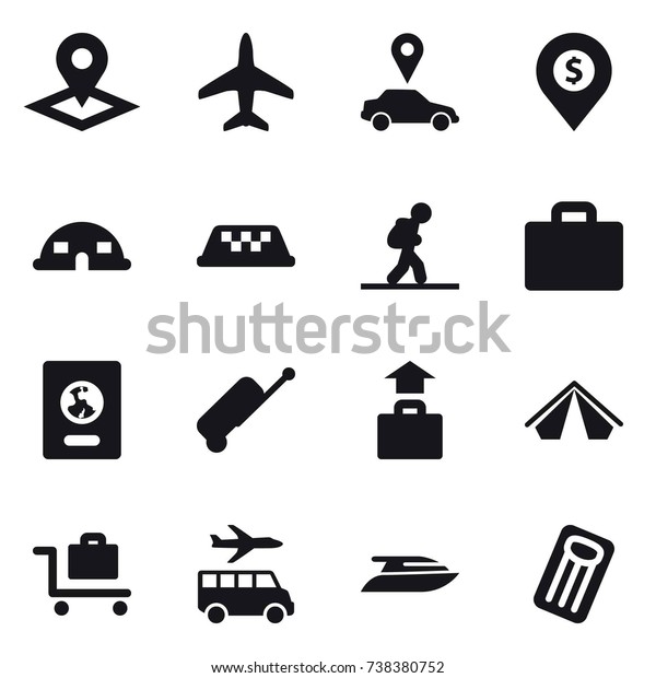 16 vector icon set : pointer, plane, car\
pointer, dollar pin, dome house, taxi, tourist, suitcase iocn,\
passport, suitcase, baggage, tent, baggage trolley, transfer,\
yacht, inflatable mattress