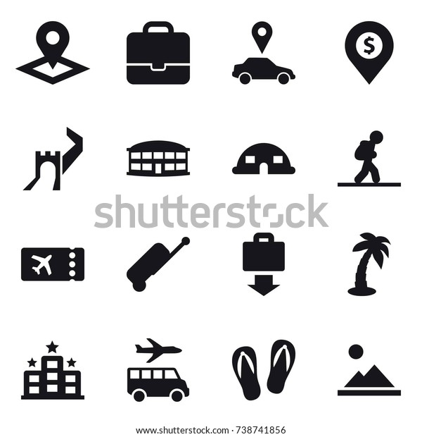 16 vector icon set : pointer, portfolio, car
pointer, dollar pin, greate wall, airport building, dome house,
tourist, ticket, suitcase, baggage get, palm, hotel, transfer,
flip-flops, landscape