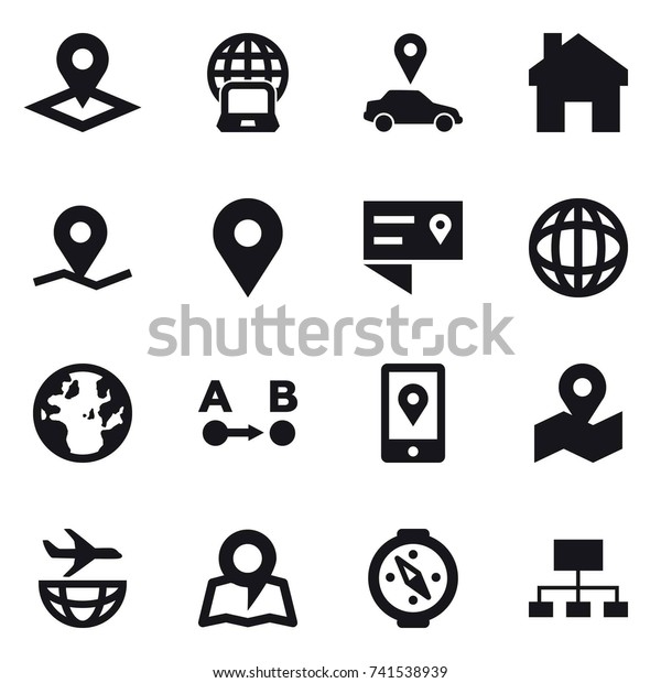 16 vector icon set : pointer, notebook
globe, car pointer, home, map, compass,
hierarchy