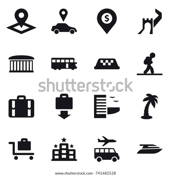 16 vector icon set\
: pointer, car pointer, dollar pin, greate wall, airport building,\
bus, taxi, tourist, suitcase, baggage get, hotel, palm, baggage\
trolley, transfer, yacht