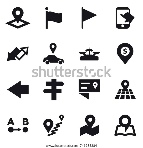 16 vector\
icon set : pointer, flag, touch, up down arrow, car pointer,\
scales, dollar pin, left arrow, singlepost,\
map