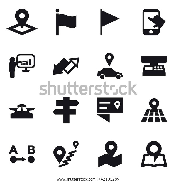 16 vector icon set : pointer, flag, touch,\
presentation, up down arrow, car pointer, market scales, scales,\
singlepost, map