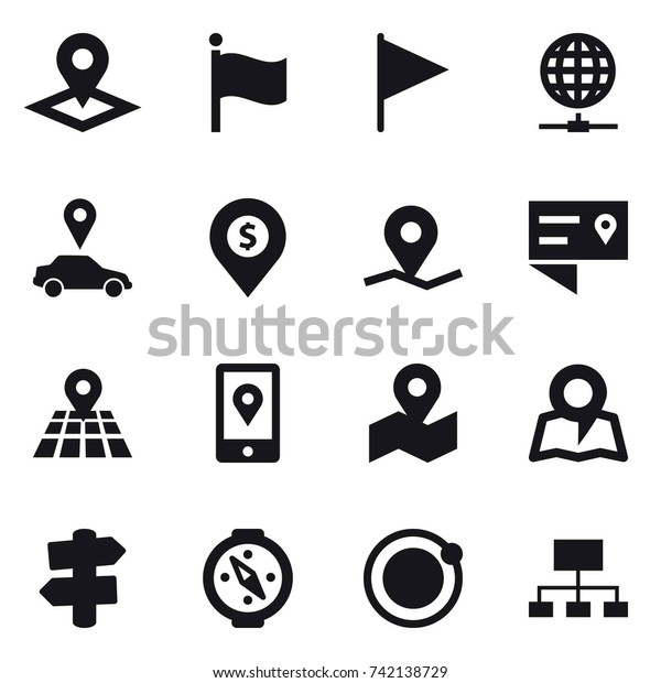 16 vector icon set\
: pointer, flag, globe connect, car pointer, dollar pin, map,\
signpost, compass,\
hierarchy