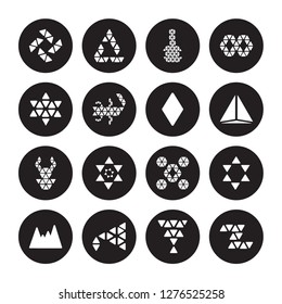 16 vector icon set : Polygonal windmill, martini glass shape, megaphone, mountains, multiple stars isolated on black background