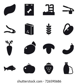 16 vector icon set : pool, garlic clasp, walnut crack, mushroom, eggplant, fish, tomato, strawberry, shampoo
