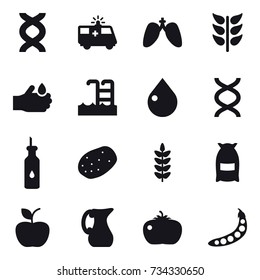 16 vector icon set : pool, drop, flour, apple, jug, tomato, peas