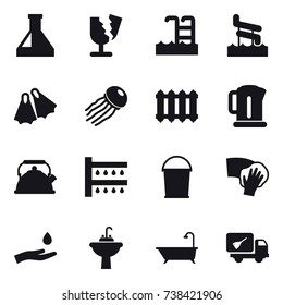 16 vector icon set : pool, aquapark, flippers, jellyfish, radiator, kettle, watering, bucket, wiping, hand and drop, water tap sink, bath, home call cleaning