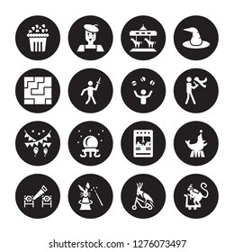 16 vector icon set : Pop corn, Circus Parrot, Rabbit, Sawing, Seal, Monkey, Labyrinth, Decoration, Juggler isolated on black background