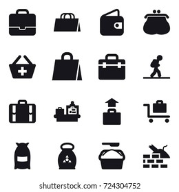 16 vector icon set : portfolio, shopping bag, wallet, purse, add to basket, tourist, suitcase, baggage checking, baggage, baggage trolley, flour, fertilizer, washing powder, construct garbage