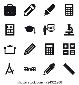 16 vector icon set : portfolio, pencil, marker, calculator, abacus, graduate hat, presentation, microscope, electrostatic, draw compass, school, ruler