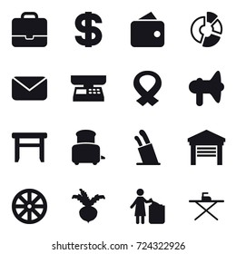 16 vector icon set : portfolio, dollar, wallet, circle diagram, mail, market scales, loudspeaker, stool, toaster, stands for knives, garage, wheel, beet, garbage bin and iron board