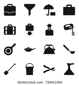 16 vector icon set : portfolio, funnel, suitcase iocn, suitcase, baggage get, baggage, mixer, pan, kettle, ladle, shovel, bucket, pruner, plunger