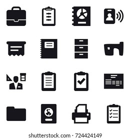 16 vector icon set : portfolio, clipboard, annual report, pass card, atm receipt, copybook, slum, architector, passport, clipboard list