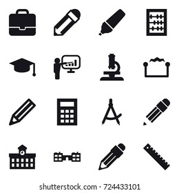 16 vector icon set : portfolio, pencil, marker, abacus, graduate hat, presentation, microscope, electrostatic, calculator, draw compass, university, school, ruler