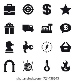 16 vector icon set : portfolio, target, dollar, star, gift, truck, cashbox, money message, chess horse, satellite, lightning, remove from basket, arch, disco ball, thermometer