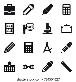 16 vector icon set : portfolio, pencil, marker, calculator, abacus, presentation, microscope, electrostatic, draw compass, university, school, ruler