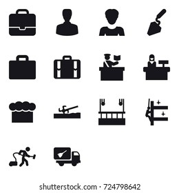 16 vector icon set : portfolio, man, woman, construction, suitcase iocn, suitcase, inspector, reception, chef  hat, soil cutter, skyscapers cleaning, skyscrapers cleaning, vacuum cleaner