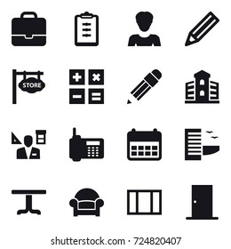 16 vector icon set : portfolio, clipboard, woman, pencil, store signboard, calculator, building, architector, hotel, table, armchair, window, door