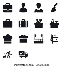 16 vector icon set : portfolio, man, woman, construction, suitcase iocn, suitcase, inspector, reception, cook hat, chef  hat, skyscapers cleaning, skyscrapers cleaning, vacuum cleaner