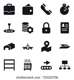 16 vector icon set : portfolio, wallet, phone, stopwatch, target, virtual mining, lock, warehouse, yacht, rack, radiator, hierarchy