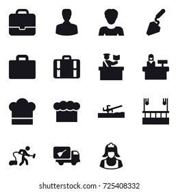 16 vector icon set : portfolio, man, woman, construction, suitcase iocn, suitcase, inspector, reception, cook hat, chef  hat, soil cutter, skyscapers cleaning, vacuum cleaner, home call cleaning