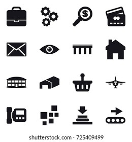 16 vector icon set : portfolio, gear, dollar magnifier, credit card, mail, bridge, home, airport building, warehouse, plane, intercome
