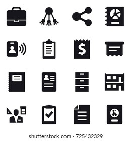 16 vector icon set : portfolio, share, annual report, pass card, clipboard, receipt, atm receipt, copybook, modular house, architector, passport