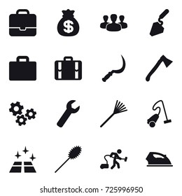 16 vector icon set : portfolio, money bag, group, construction, suitcase iocn, suitcase, sickle, axe, gears, wrench, rake, vacuum cleaner, clean floor, duster, iron