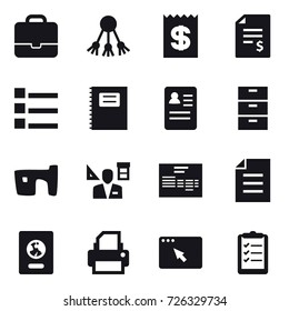 16 vector icon set : portfolio, share, receipt, account balance, list, copybook, slum, architector, passport, clipboard list