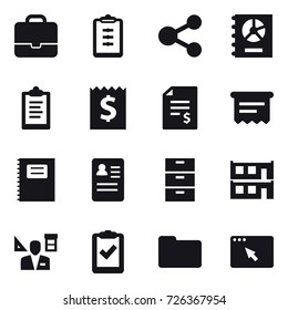 16 vector icon set : portfolio, clipboard, share, annual report, receipt, account balance, atm receipt, copybook, modular house, architector