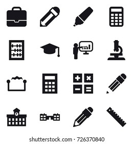 16 vector icon set : portfolio, pencil, marker, calculator, abacus, graduate hat, presentation, microscope, electrostatic, university, school, ruler