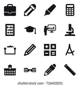 16 vector icon set : portfolio, pencil, marker, calculator, abacus, graduate hat, presentation, microscope, electrostatic, draw compass, university, school, ruler