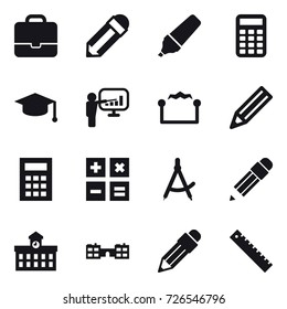 16 vector icon set : portfolio, pencil, marker, calculator, graduate hat, presentation, electrostatic, draw compass, university, school, ruler