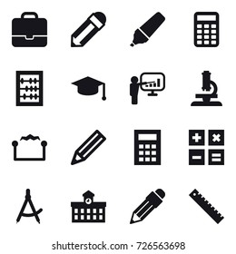 16 vector icon set : portfolio, pencil, marker, calculator, abacus, graduate hat, presentation, microscope, electrostatic, draw compass, university, ruler