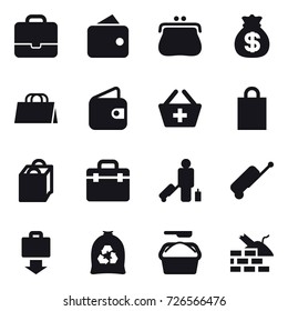 16 vector icon set : portfolio, wallet, purse, money bag, shopping bag, add to basket, passenger, suitcase, baggage get, garbage bag, washing powder, construct garbage